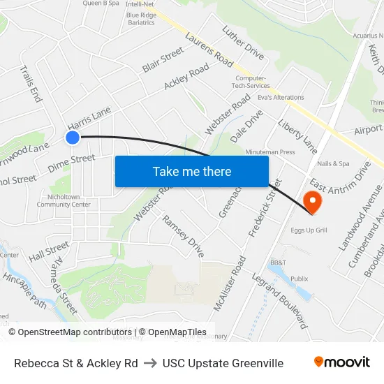 Rebecca St & Ackley Rd to USC Upstate Greenville map