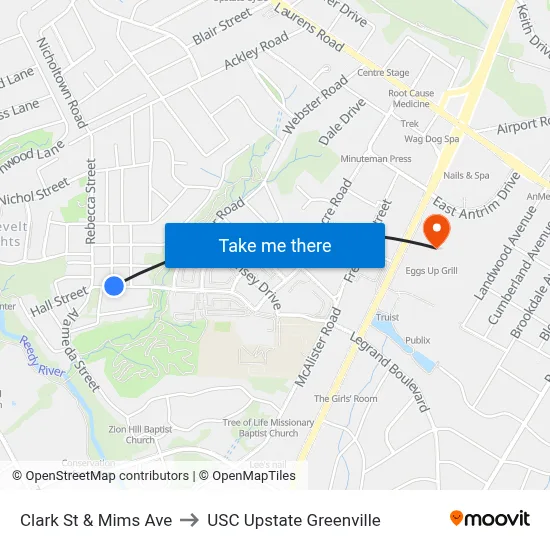 Clark St & Mims Ave to USC Upstate Greenville map