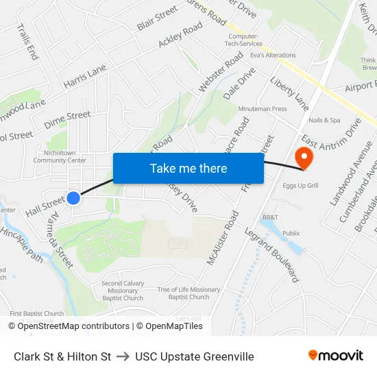 Clark St & Hilton St to USC Upstate Greenville map