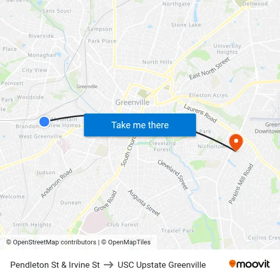 Pendleton St & Irvine St to USC Upstate Greenville map