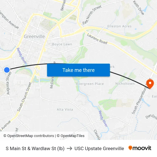 S Main St & Wardlaw St (Ib) to USC Upstate Greenville map