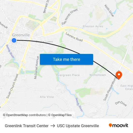 Greenlink Transit Center to USC Upstate Greenville map