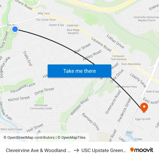 Cleveirvine Ave & Woodland Way to USC Upstate Greenville map