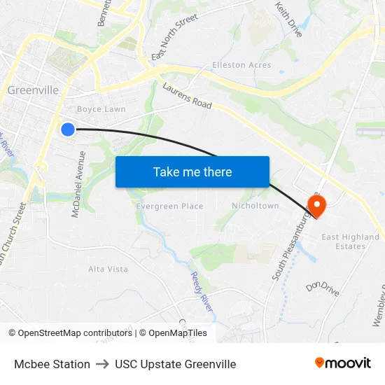 Mcbee Station to USC Upstate Greenville map