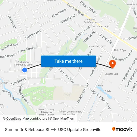 Sumlar Dr & Rebecca St to USC Upstate Greenville map