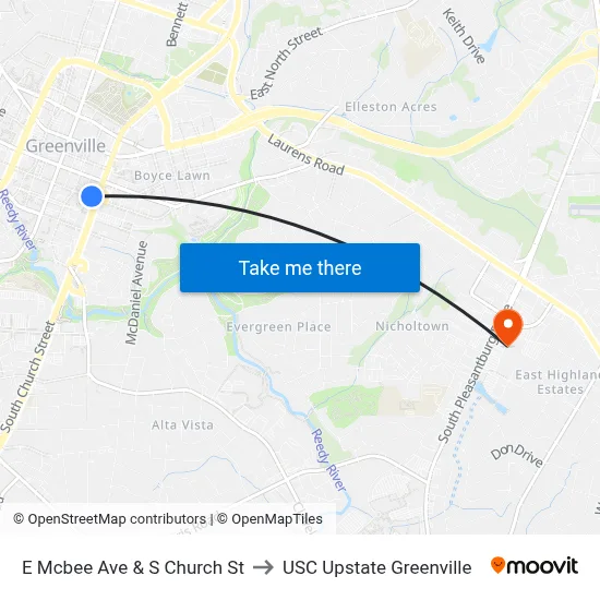 E Mcbee Ave & S Church St to USC Upstate Greenville map