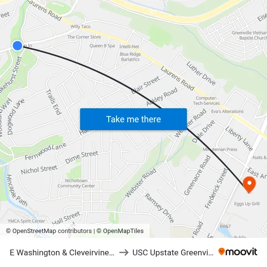 E Washington & Cleveirvine Ib to USC Upstate Greenville map