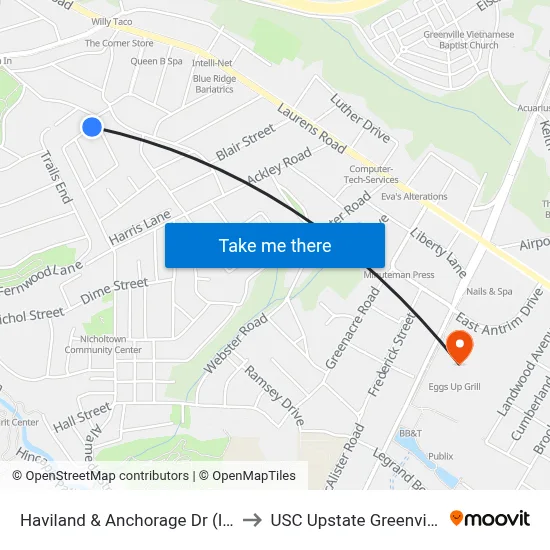 Haviland & Anchorage Dr (Ib) to USC Upstate Greenville map