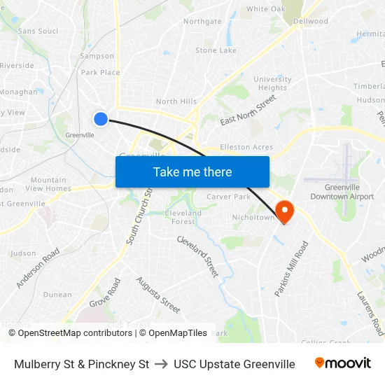 Mulberry St & Pinckney St to USC Upstate Greenville map