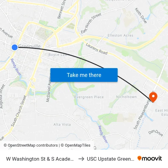 W Washington St & S Academy St to USC Upstate Greenville map