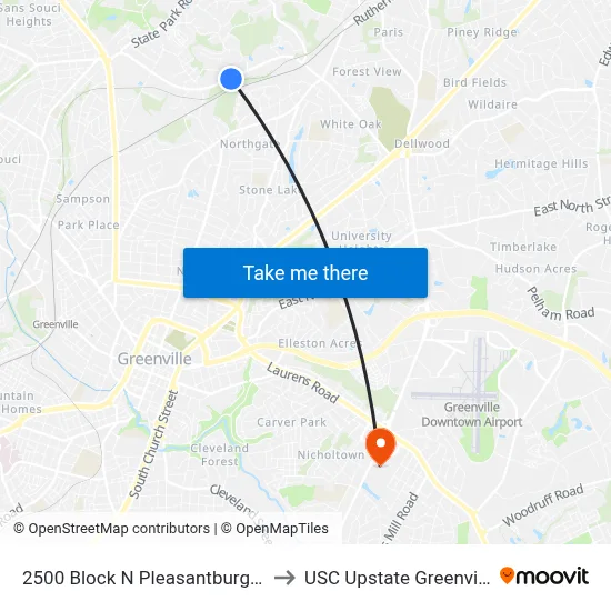 2500 Block N Pleasantburg Dr to USC Upstate Greenville map