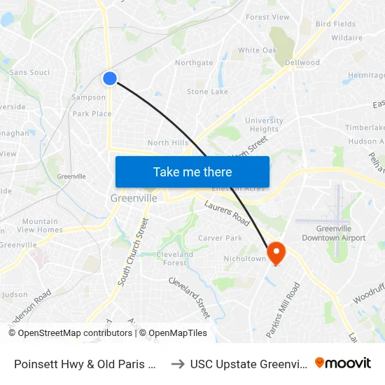Poinsett Hwy & Old Paris Mtn to USC Upstate Greenville map