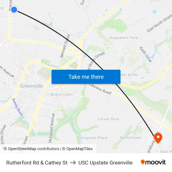 Rutherford Rd & Cathey St to USC Upstate Greenville map