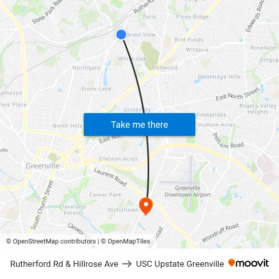 Rutherford Rd & Hillrose Ave to USC Upstate Greenville map