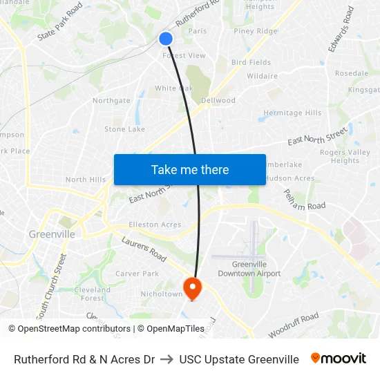 Rutherford Rd & N Acres Dr to USC Upstate Greenville map
