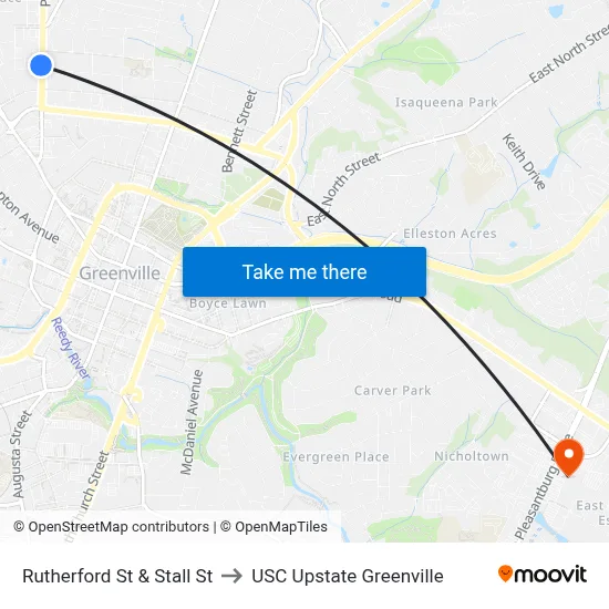 Rutherford St & Stall St to USC Upstate Greenville map