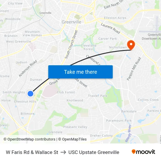 W Faris Rd & Wallace St to USC Upstate Greenville map