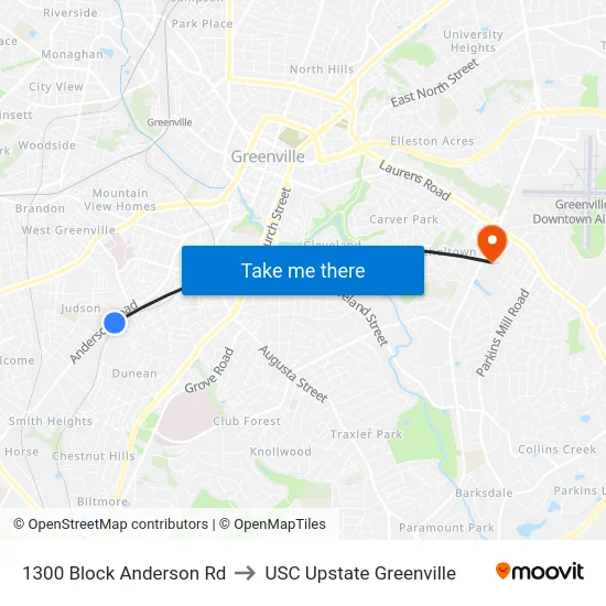 1300 Block Anderson Rd to USC Upstate Greenville map