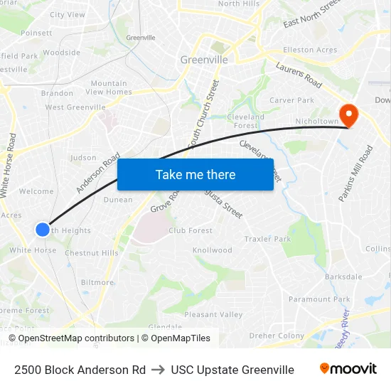 2500 Block Anderson Rd to USC Upstate Greenville map