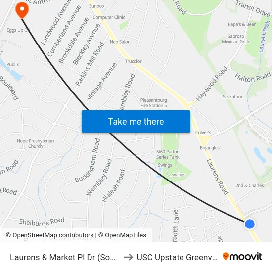Laurens & Market Pl Dr (South) to USC Upstate Greenville map