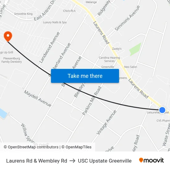 Laurens Rd & Wembley Rd to USC Upstate Greenville map