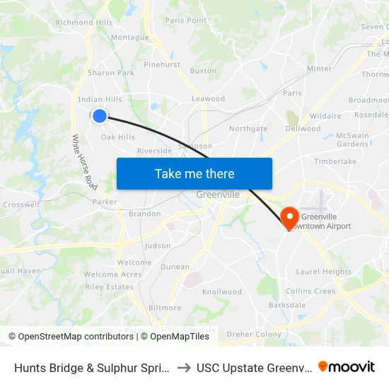 Hunts Bridge & Sulphur Springs to USC Upstate Greenville map