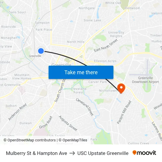 Mulberry St & Hampton Ave to USC Upstate Greenville map