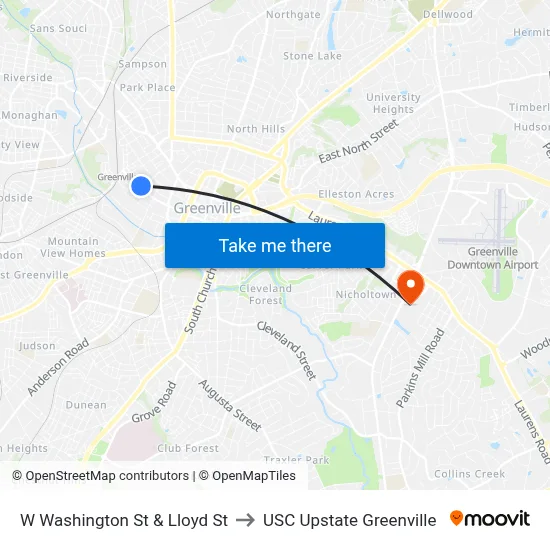 W Washington St & Lloyd St to USC Upstate Greenville map