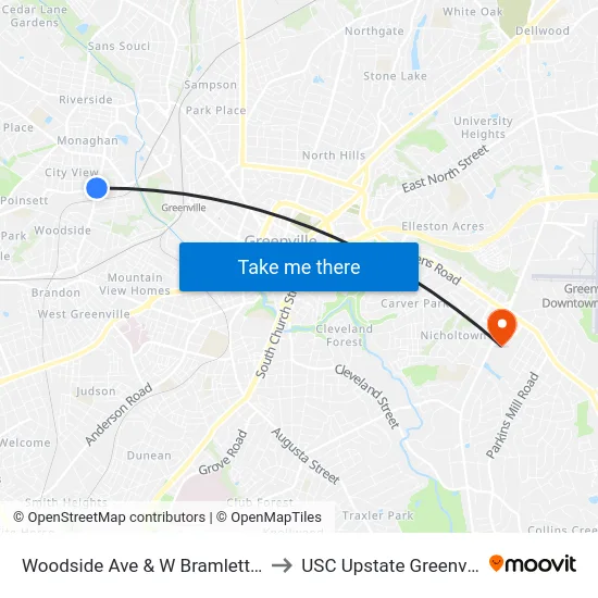 Woodside Ave & W Bramlett Rd to USC Upstate Greenville map