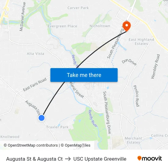 Augusta St & Augusta Ct to USC Upstate Greenville map