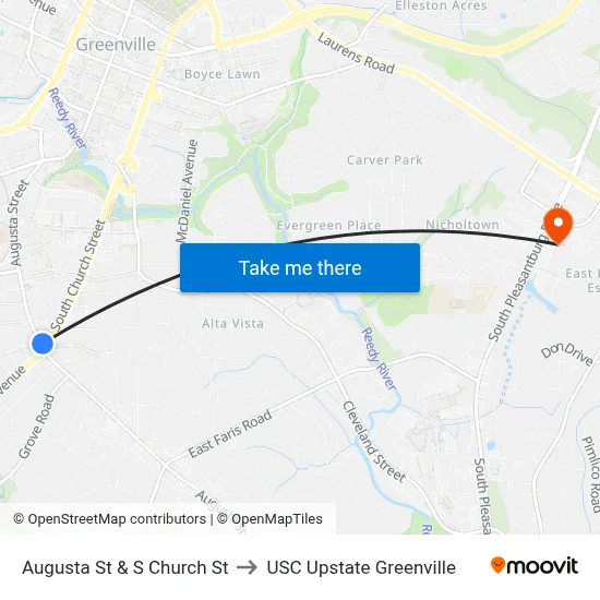 Augusta St & S Church St to USC Upstate Greenville map