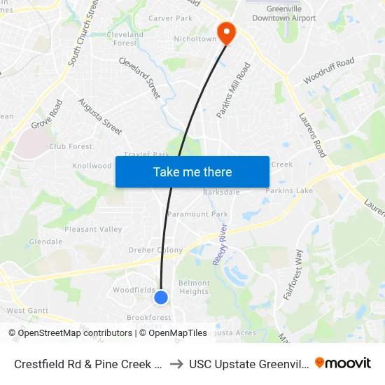 Crestfield Rd & Pine Creek Dr to USC Upstate Greenville map