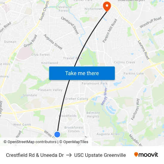 Crestfield Rd & Uneeda Dr to USC Upstate Greenville map