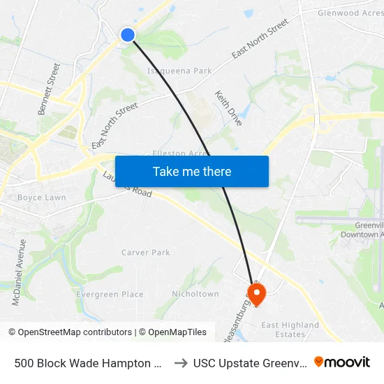 500 Block Wade Hampton Blvd to USC Upstate Greenville map