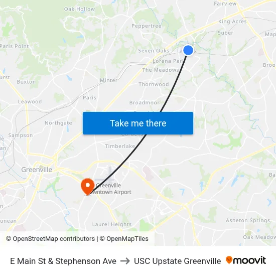 E Main St & Stephenson Ave to USC Upstate Greenville map