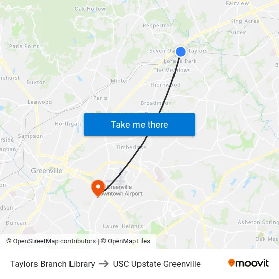 Taylors Branch Library to USC Upstate Greenville map