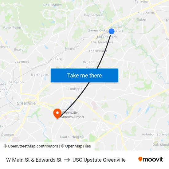 W Main St & Edwards St to USC Upstate Greenville map