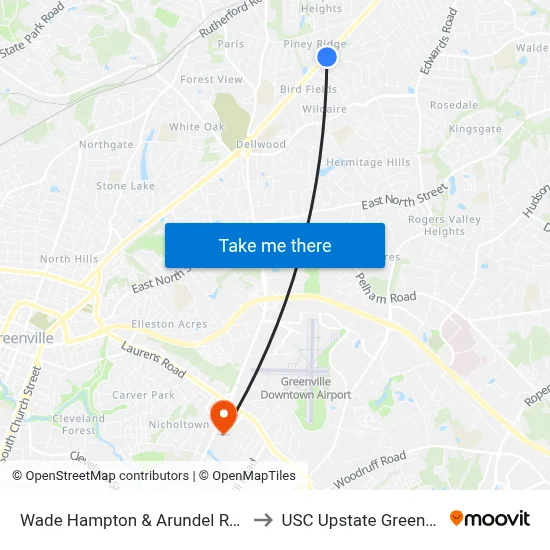 Wade Hampton & Arundel Rd (S) to USC Upstate Greenville map