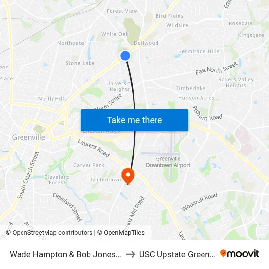 Wade Hampton & Bob Jones Univ to USC Upstate Greenville map