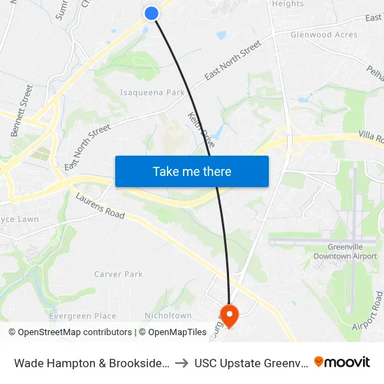Wade Hampton & Brookside Cir to USC Upstate Greenville map