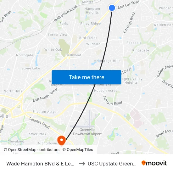 Wade Hampton Blvd & E Lee Rd to USC Upstate Greenville map