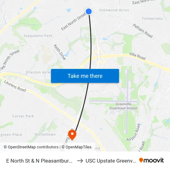 E North St & N Pleasantburg Dr to USC Upstate Greenville map