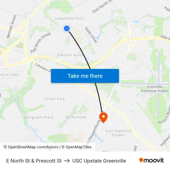 E North St & Prescott St to USC Upstate Greenville map