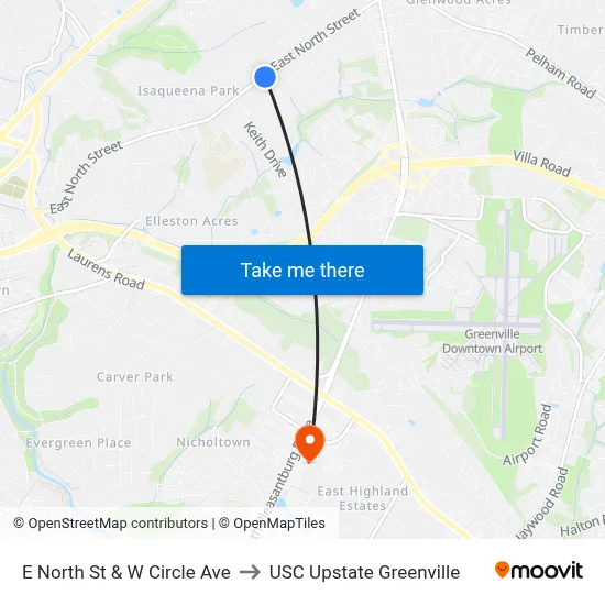 E North St & W Circle Ave to USC Upstate Greenville map