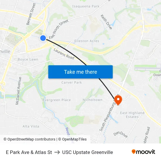 E Park Ave & Atlas St to USC Upstate Greenville map