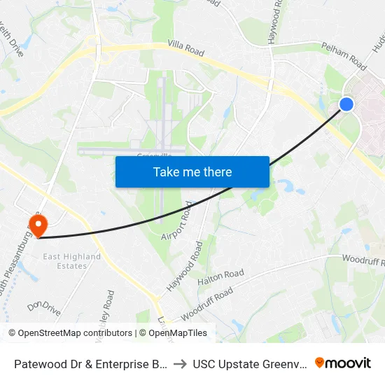Patewood Dr & Enterprise Blvd to USC Upstate Greenville map