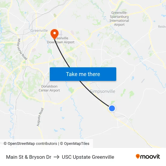 Main St & Bryson Dr to USC Upstate Greenville map