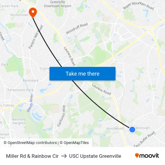 Miller Rd & Rainbow Cir to USC Upstate Greenville map