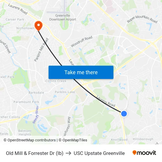 Old Mill & Forrester Dr (Ib) to USC Upstate Greenville map