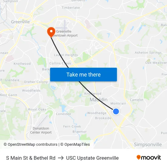 S Main St & Bethel Rd to USC Upstate Greenville map